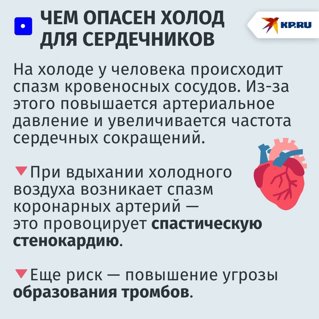«Угроза инфарктов возрастает на треть»: врач-кардиолог назвала 4 опасных последствия мороза для сердечников «Угроза инфарктов возрастает на треть»: врач-кардиолог назвала 4 опасных последствия мороза для сердечников
