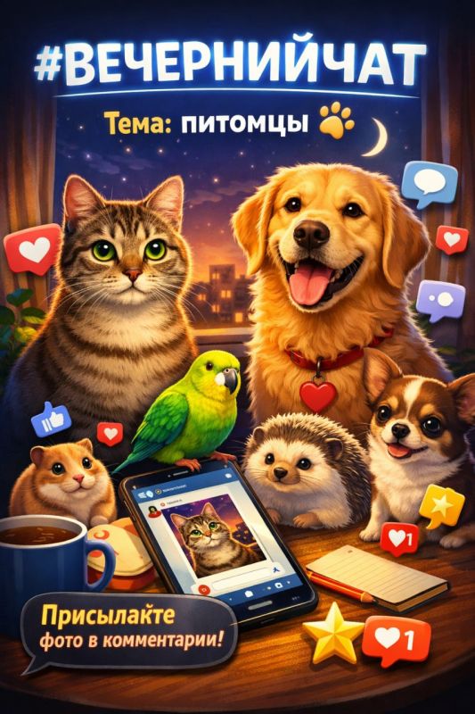 #ВЕЧЕРНИЙЧАТ. Тема: питомцы Кто сегодня главный пушистик вечера? Показывайте своих любимцев — коты, собаки, хомяки, попугаи и даже самые неожиданные друзья приветствуются