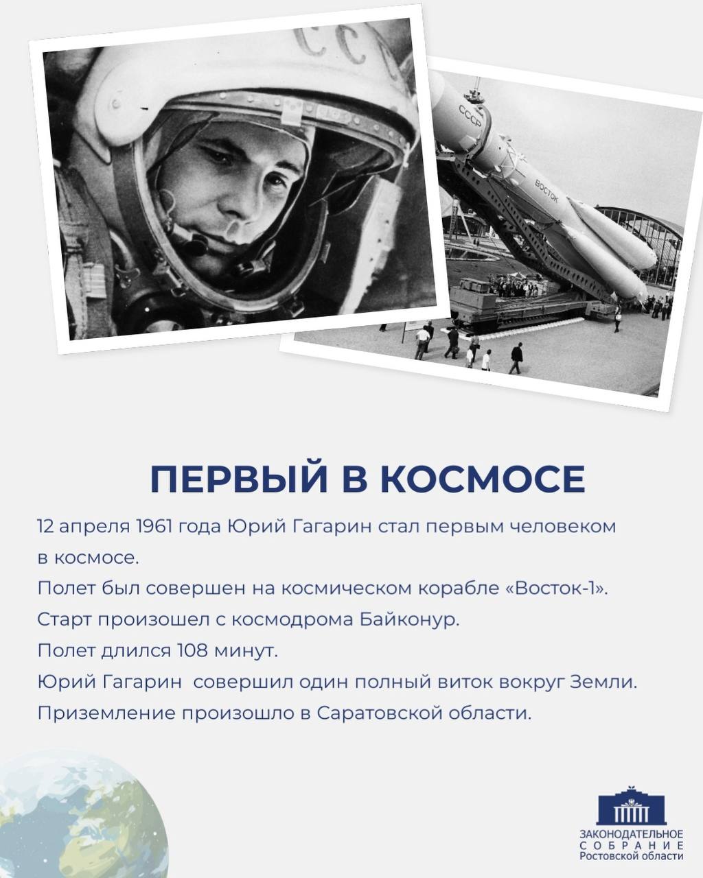 12 апреля 1961 года Юрий Гагарин стал первым человеком в космосе