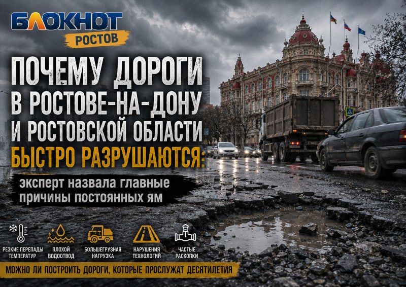 Почему дороги в Ростове-на-Дону и Ростовской области быстро разрушаются: эксперт назвала главные причины постоянных ям