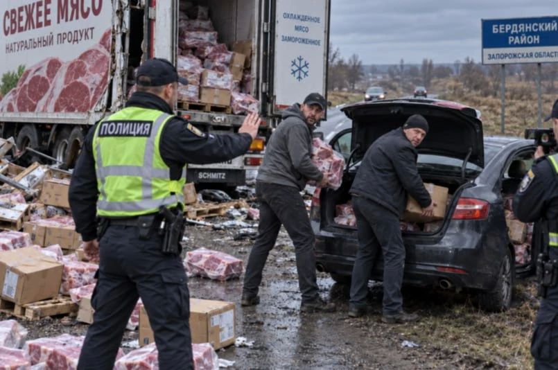 Двое дончан-мародеров попались в Запорожской области, когда тащили мясо из попавшей в ДТП фуры