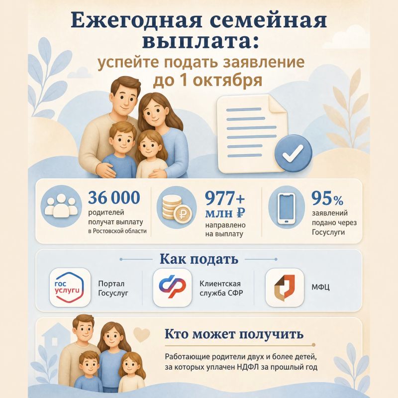 До 1 октября родители могут подать заявление на получение ежегодной семейной выплаты