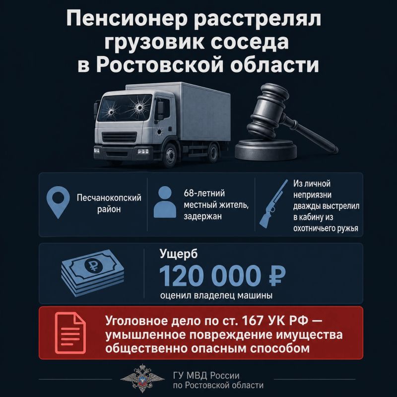 Пенсионер расстрелял грузовик соседа из охотничьего ружья в Ростовской области