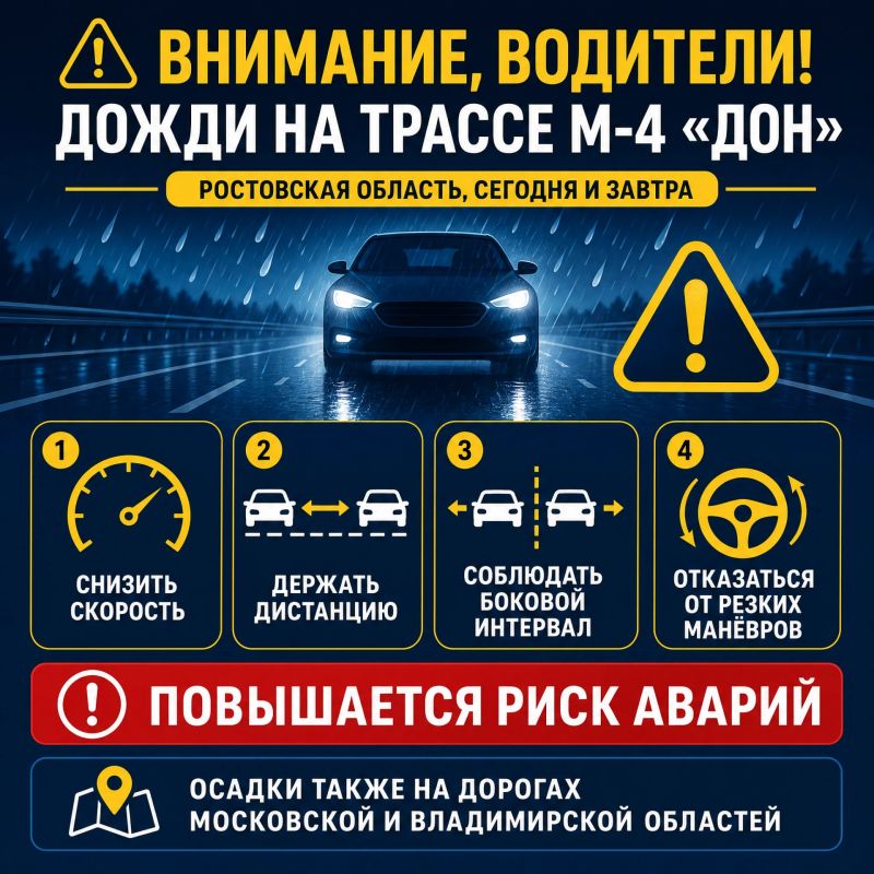 Дожди и риск аварий: на трассе М-4 «Дон» повышается риск аварий