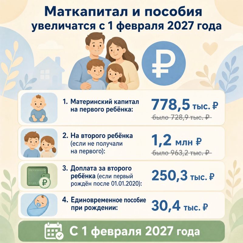 Маткапитал и пособия увеличатся в России с 1 февраля 2027 года