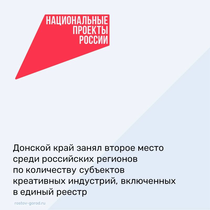 В рамках нацпроекта «Эффективная и конкурентная экономика» донской край занял второе место среди российских регионов по количеству субъектов креативных индустрий, включенных в единый реестр