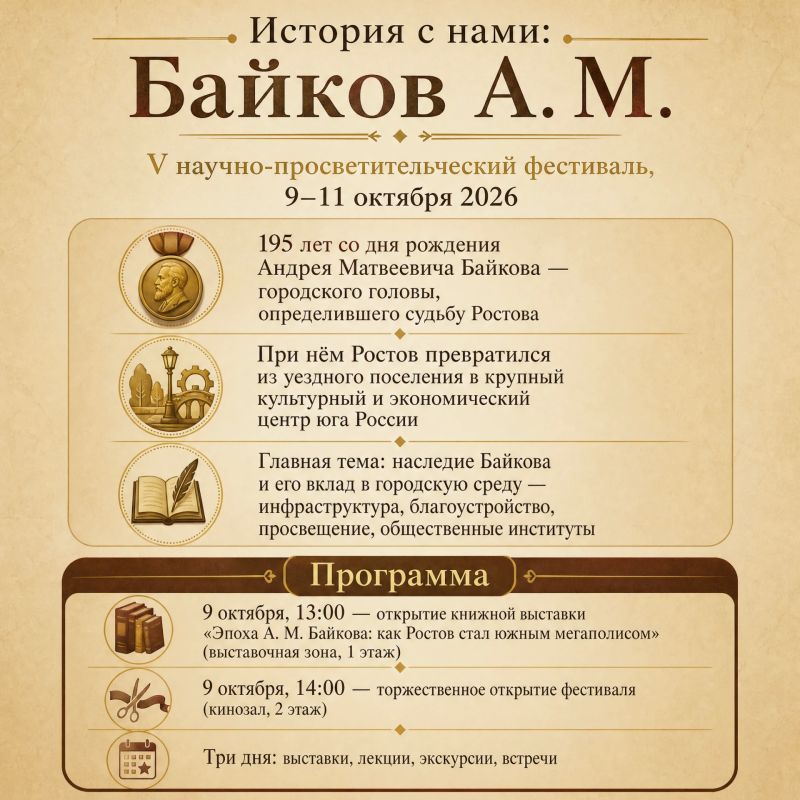 Научно-просветительский фестиваль «История с нами: Байков А. М.» стартует завтра в Ростове