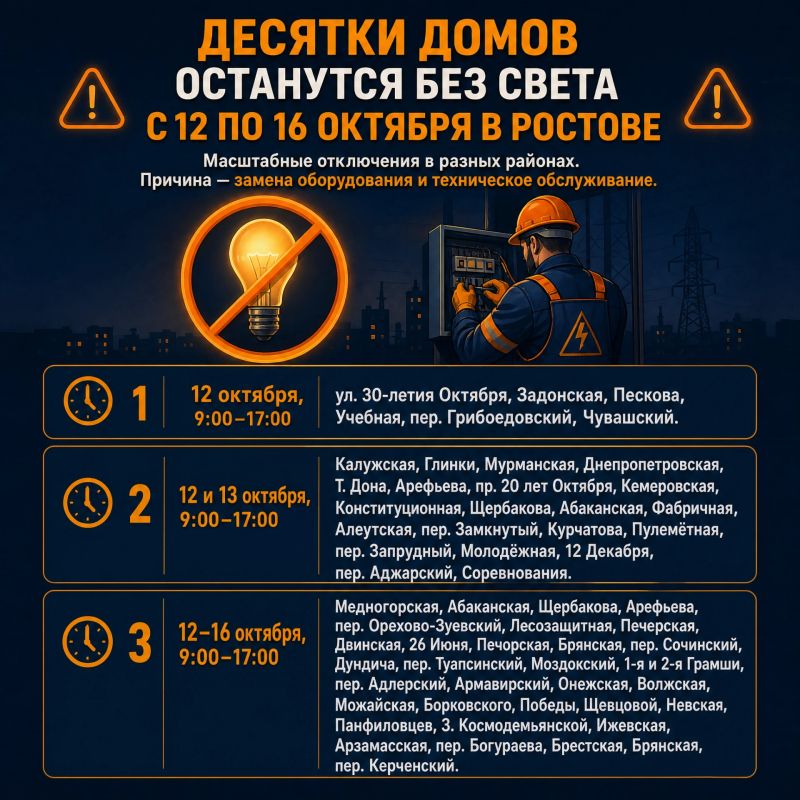 Десятки домов без света: график отключений с 12 по 16 октября в Ростове