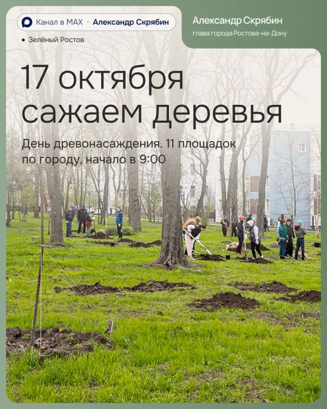 Александр Скрябин: 17 октября в Ростове пройдёт осенний День древонасаждения, и я приглашаю всех присоединиться