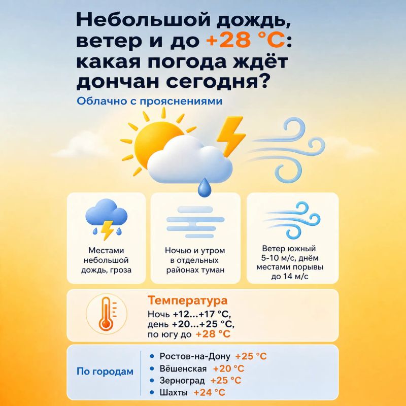 Небольшой дождь, ветер и до +28 °С: какая погода ждёт дончан сегодня?