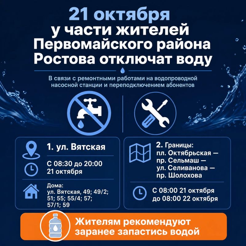 21 октября у части жителей Первомайского района Ростова отключат воду