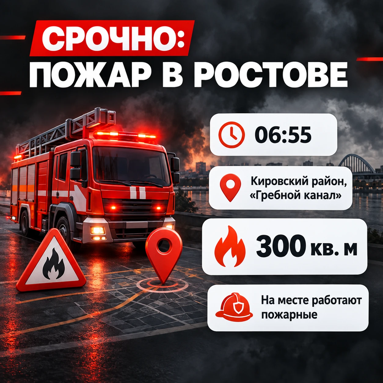 Пожар площадью 300 кв. м. полыхает в районе Гребного канала