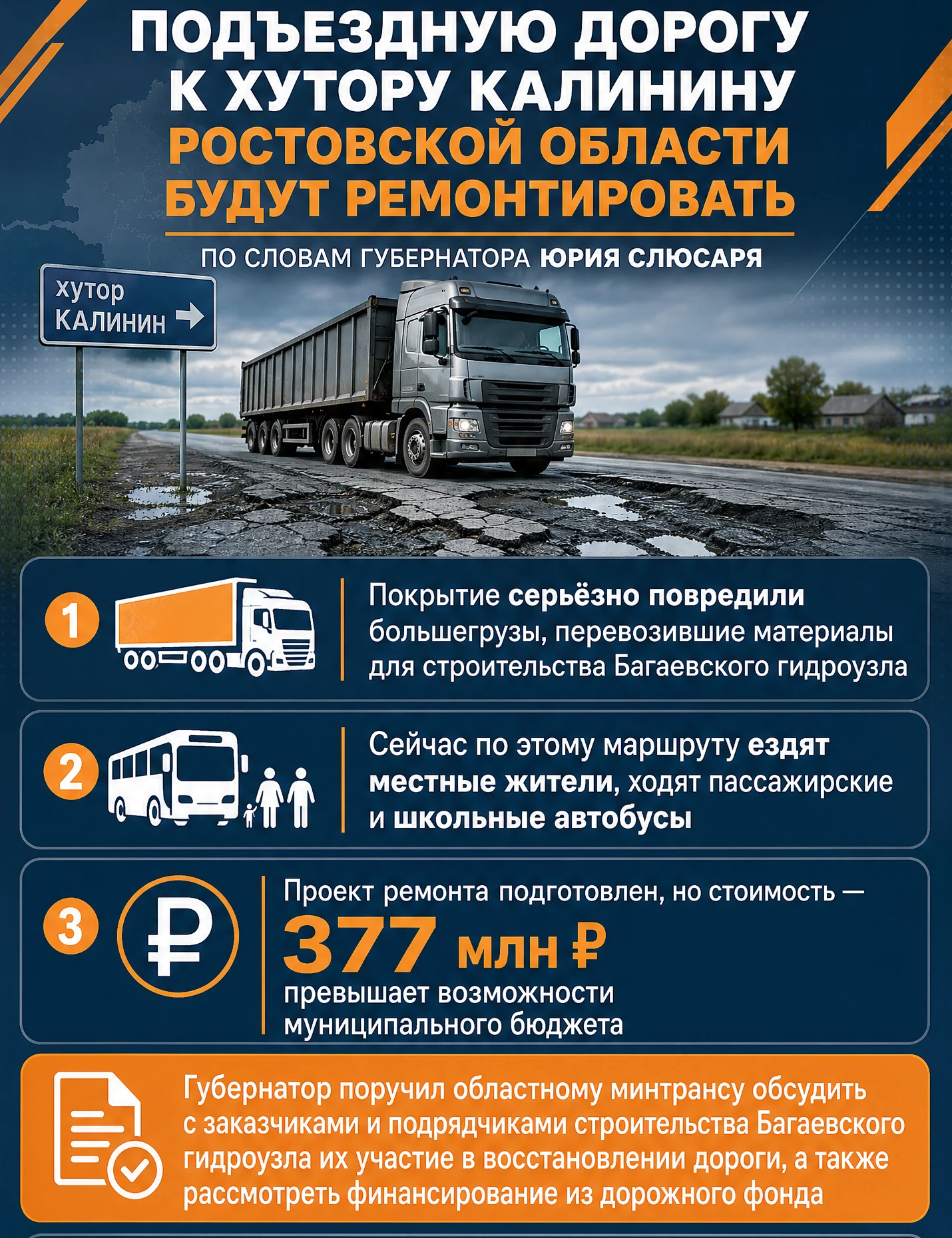 Подъездную дорогу к хутору Калинину Ростовской области будут ремонтировать