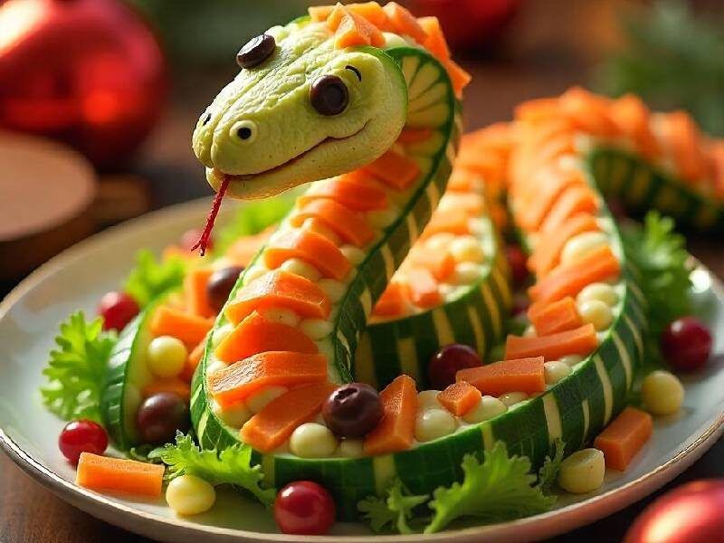 Праздничный салат в форме змеи: как удивить гостей на Новый год 2025