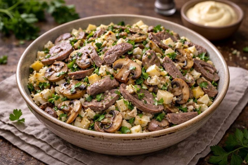 Салат с языком и грибами для праздничного стола